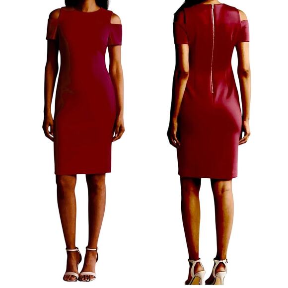 Calvin Klein Size 6 Burgundy Red Scuba Wedding Guest Knee Long Sheath Work Dress - Picture 1 of 10
